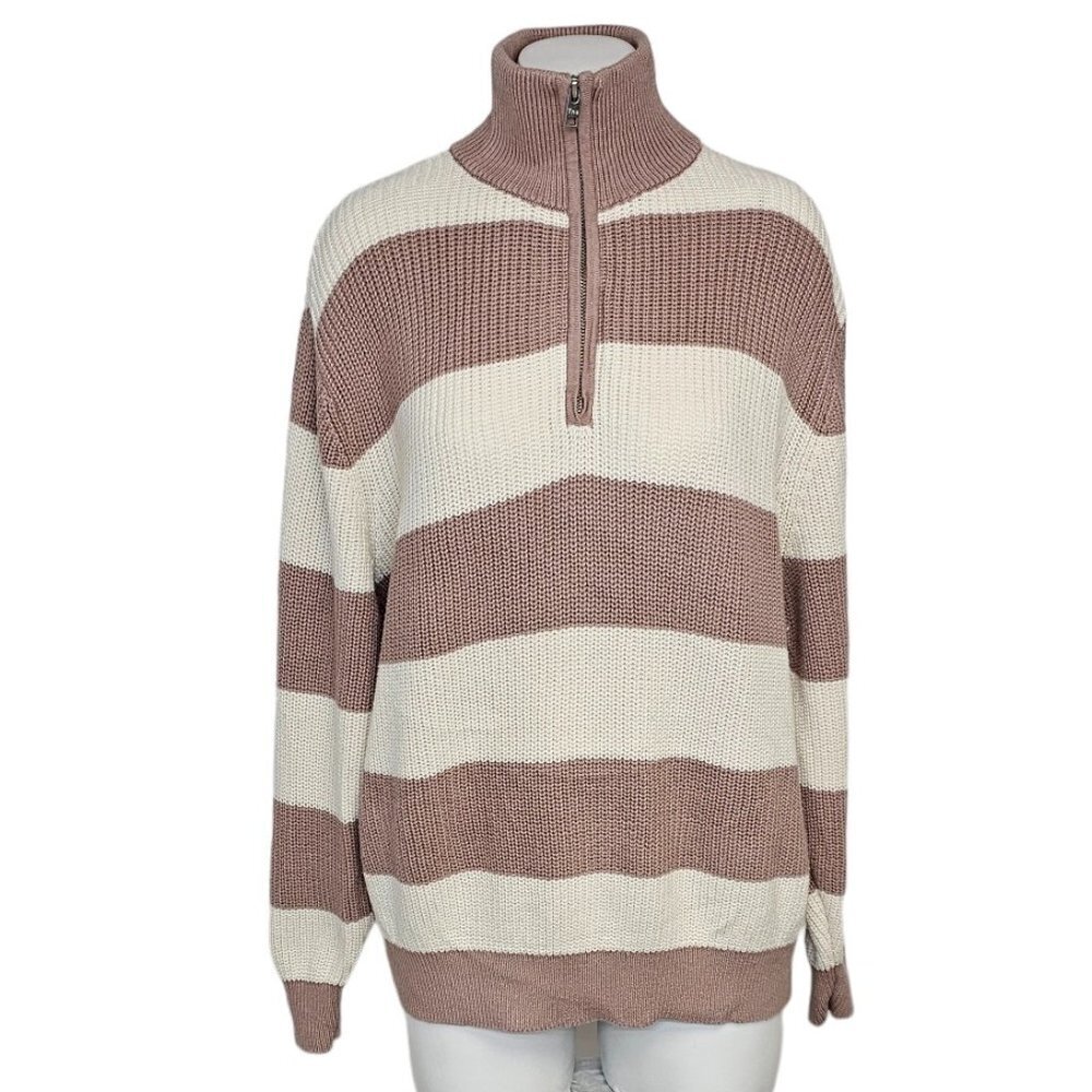 Aritzia TNA Women's Ashbury Quarter Zip Mock Neck Knit Sweater  Size S/M Stripe